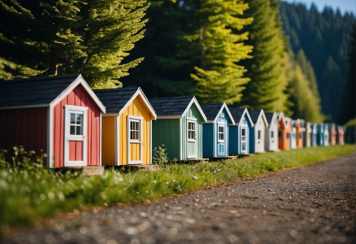 A row of colorful tiny homes against a backdrop of lush green trees and a clear blue sky in Washington state