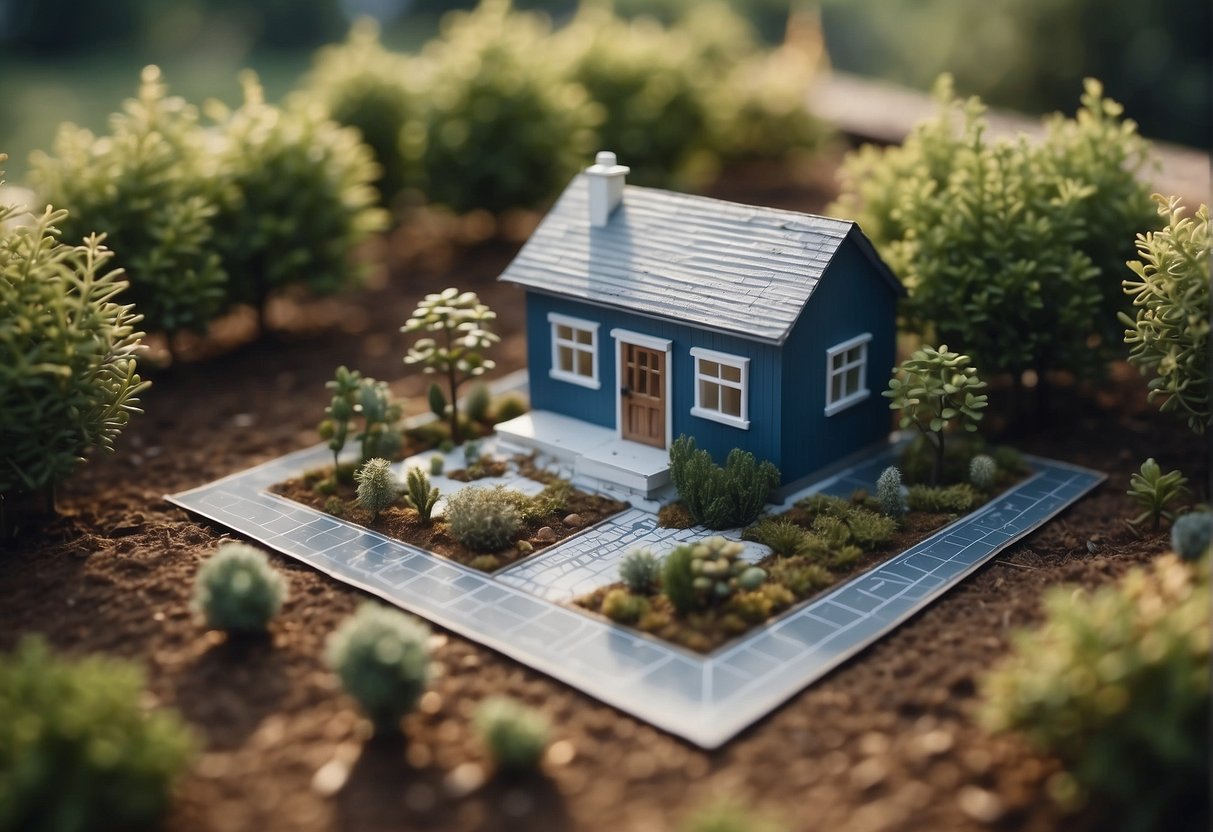 A small plot of land with a cleared area, surrounded by trees and bushes, with a blueprint of a tiny home laid out on the ground