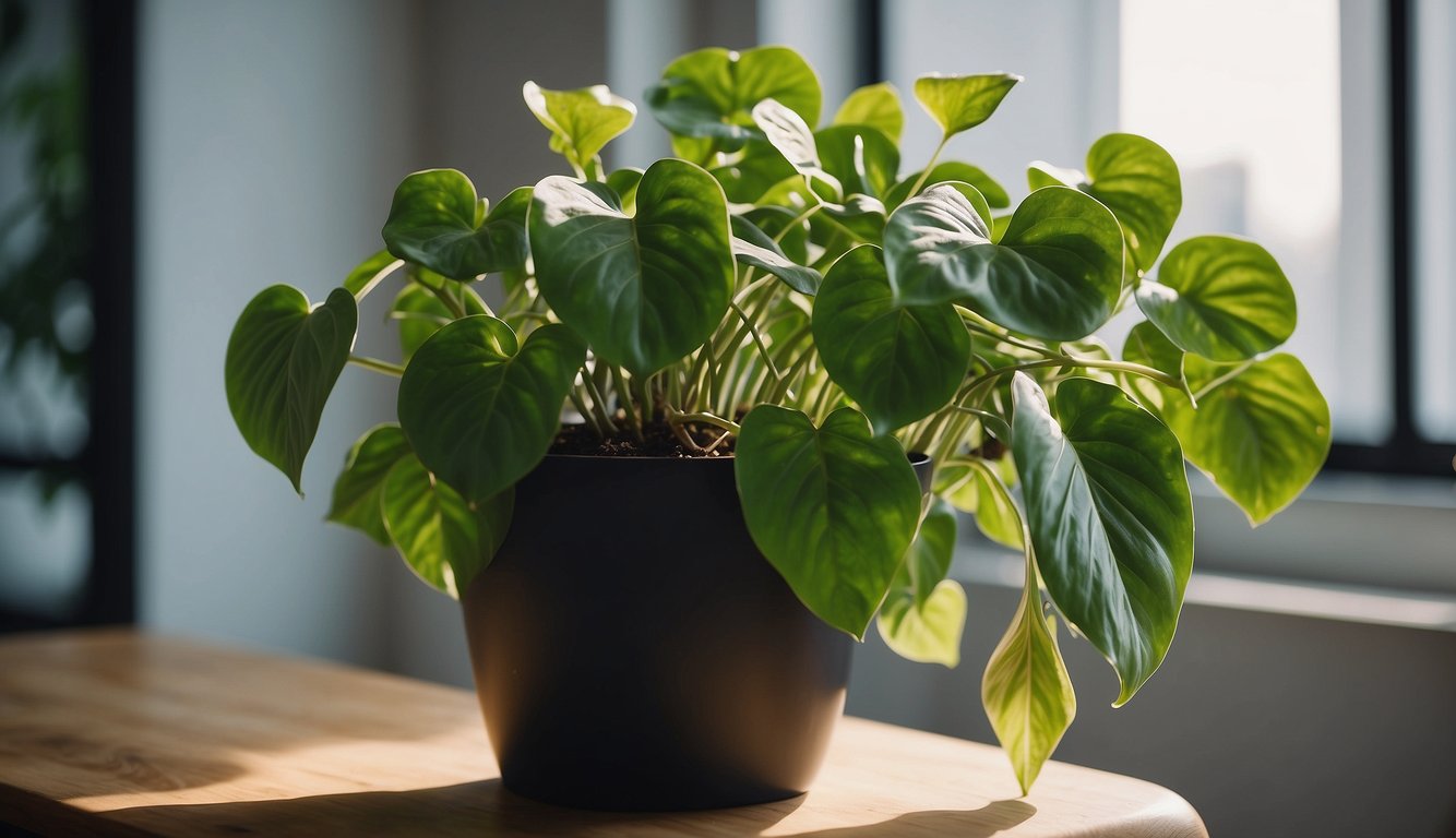 Lush pothos plant with overgrown roots in a small pot, ready for trimming