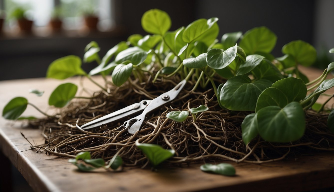 Pothos plant on a table, roots spilling over the edge. Pruning shears cutting through the tangled roots. Soil and roots scattered on the table