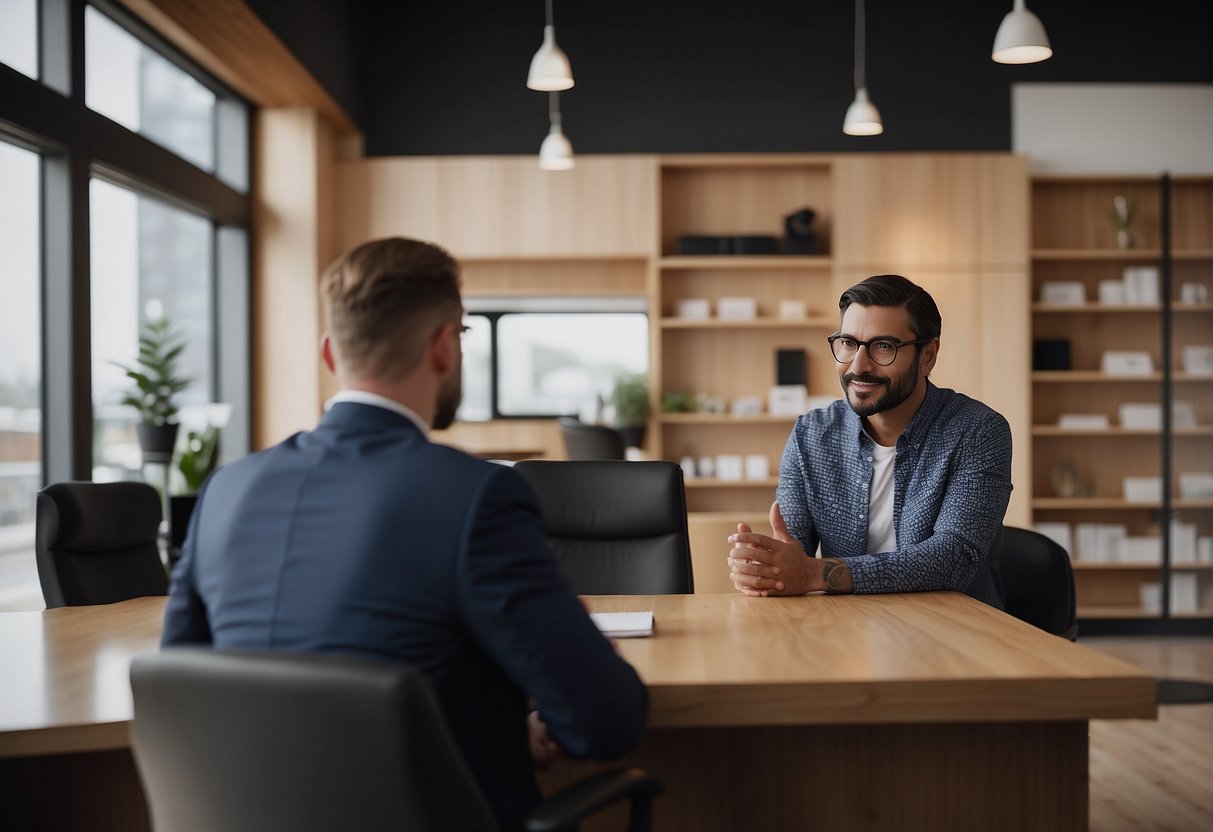 A person inquiring at a bank about a loan for a tiny house. The banker sitting behind a desk, while the customer stands in front asking questions