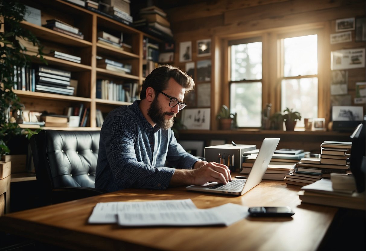 A person researching tiny house financing, sitting at a desk with a laptop and calculator, surrounded by books and paperwork