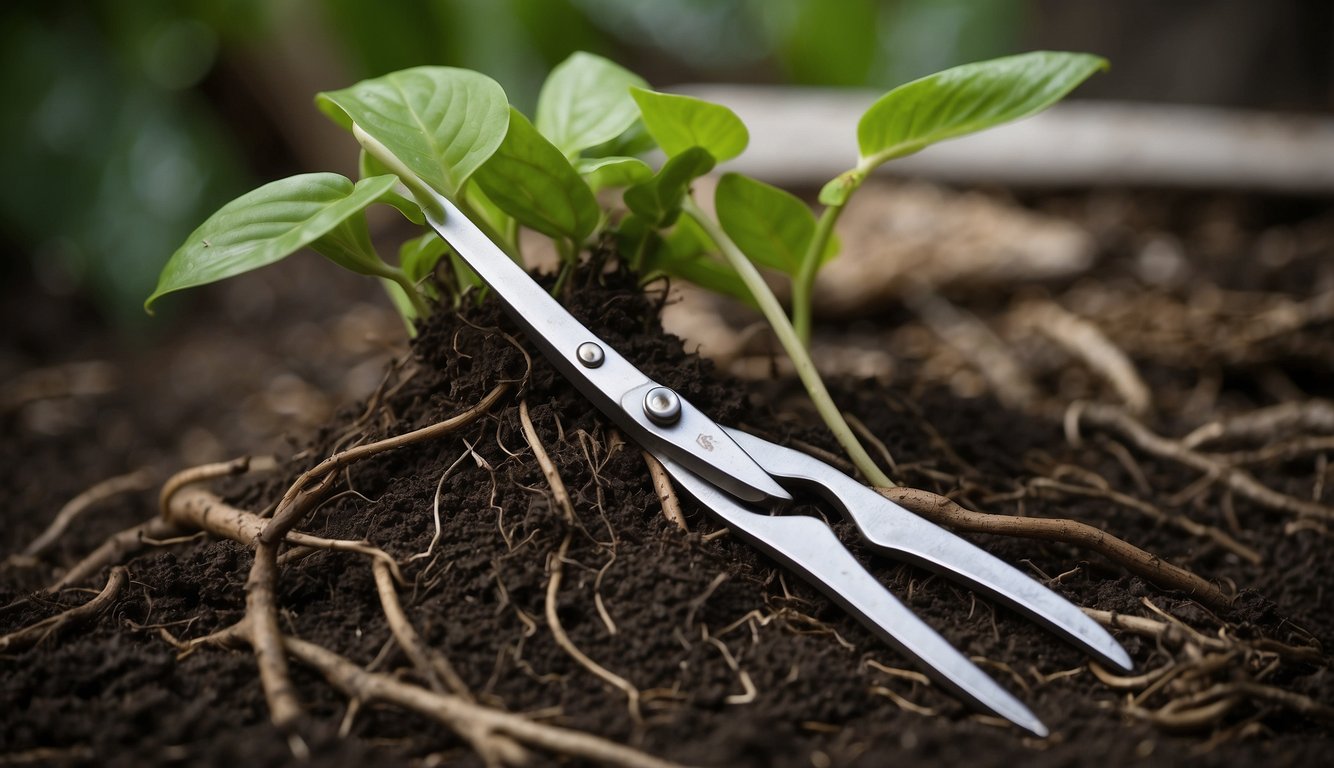 A pair of gardening shears trims the roots of a Pothos plant, with a pile of discarded root segments nearby