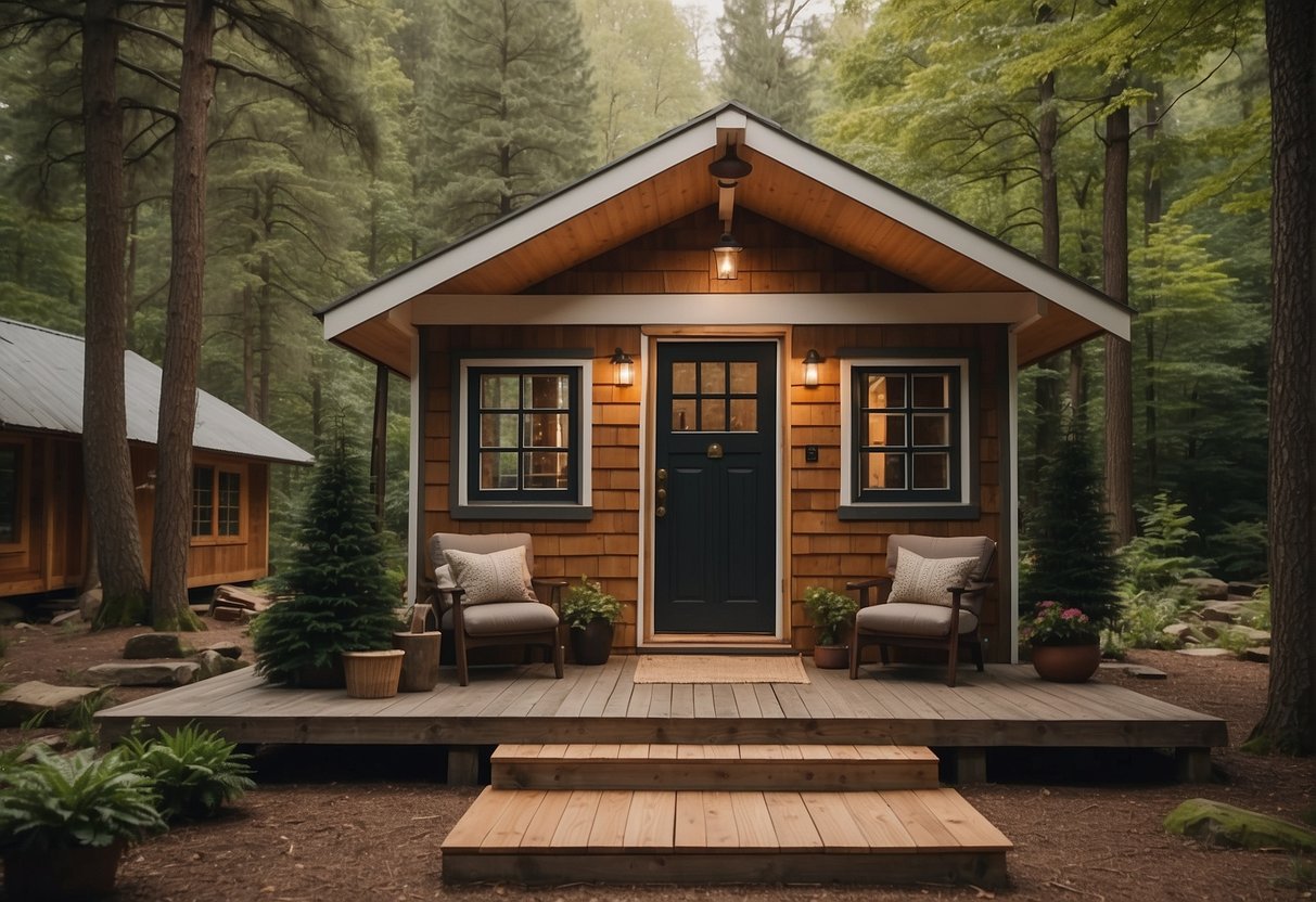 A cozy tiny house surrounded by trees, with a small porch and a sloped roof, nestled in a serene natural setting