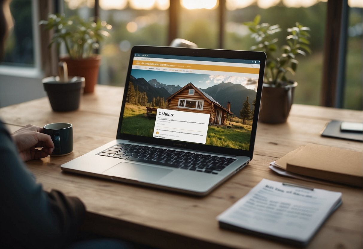 A person researching tiny house loans online, with a laptop and a list of frequently asked questions displayed on the screen