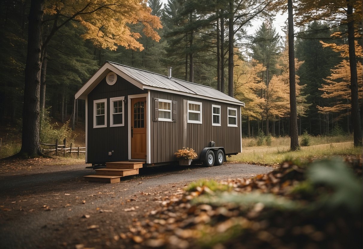 A tiny home sits on a spacious lot in a rural area of New Hampshire, surrounded by trees and a peaceful, serene landscape