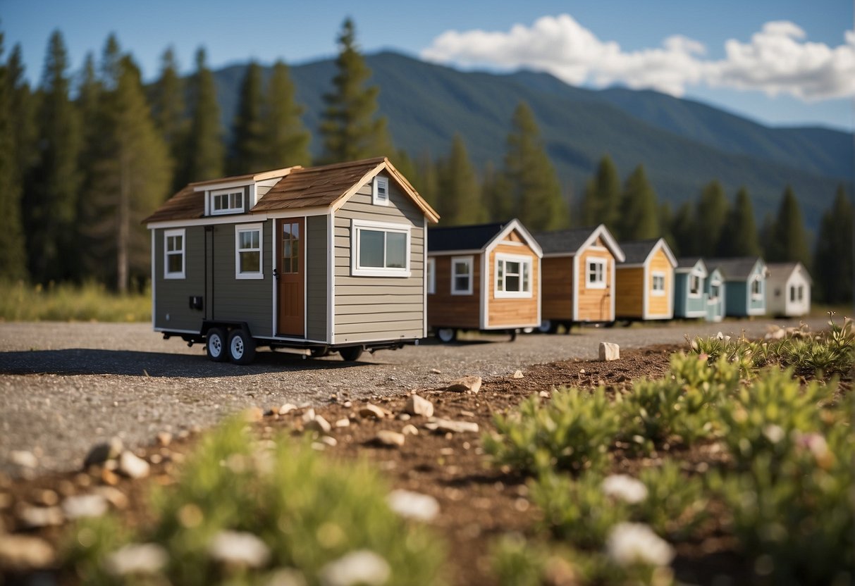 A variety of tiny homes, including tiny houses on wheels and accessory dwelling units, with NH regulations displayed nearby