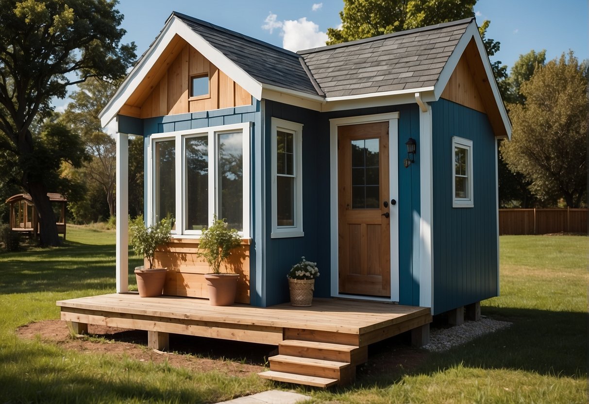 A small, cozy tiny home sits on a grassy lot, surrounded by trees and a clear blue sky. The home is quaint and inviting, with a front porch and large windows