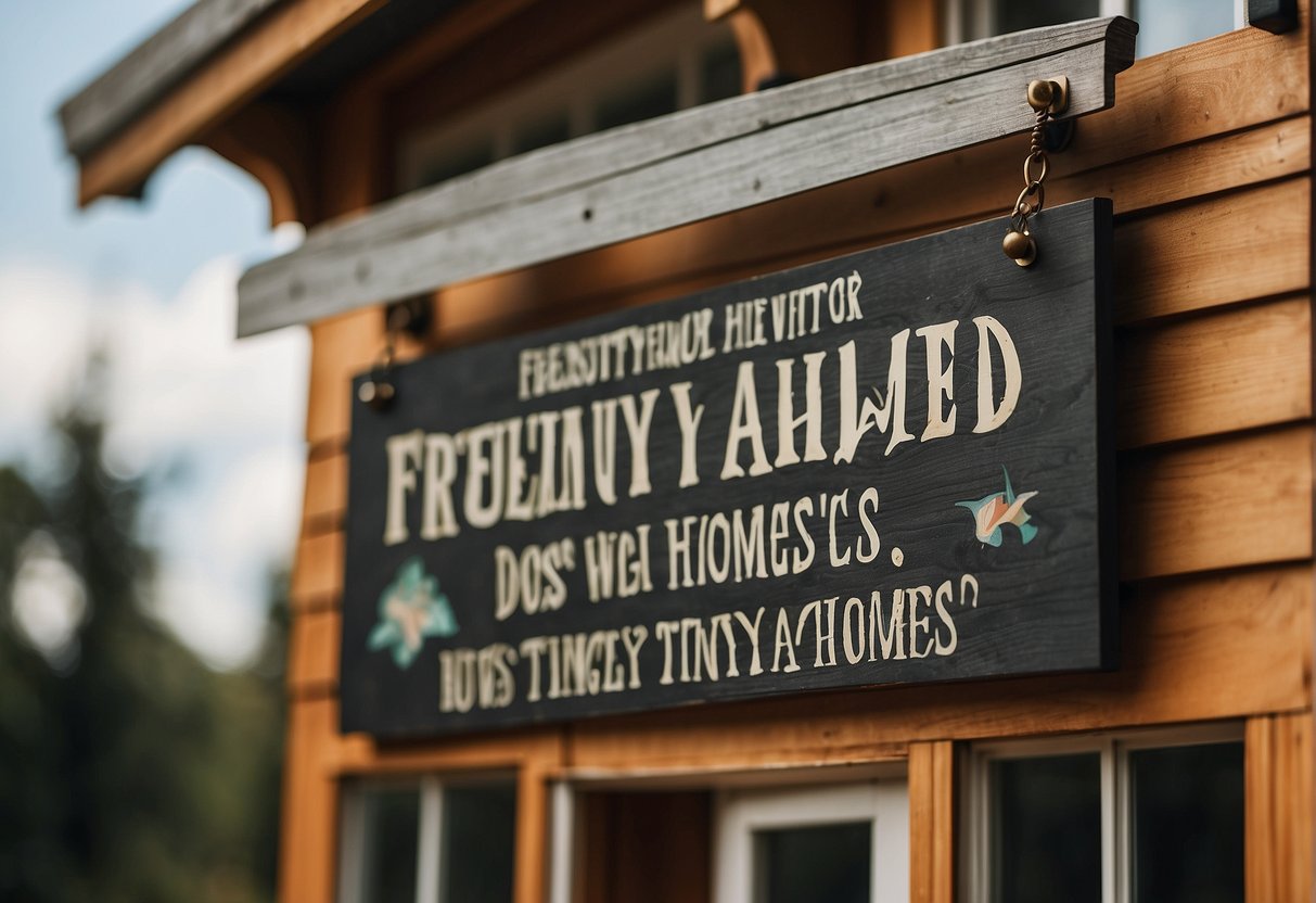 A sign with "Frequently Asked Questions: Does NH allow tiny homes?" displayed prominently in front of a small, quaint house
