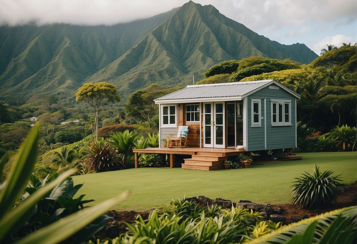 A tiny house surrounded by lush greenery and palm trees, with a backdrop of the ocean and mountains in Hawaii