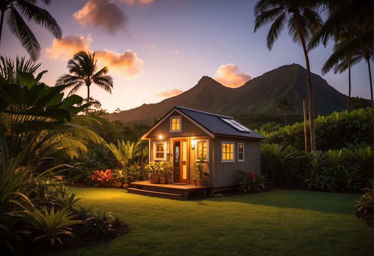 A tiny house sits on a lush Hawaiian landscape, surrounded by tropical plants and palm trees. The sun sets in the background, casting a warm glow over the cozy home