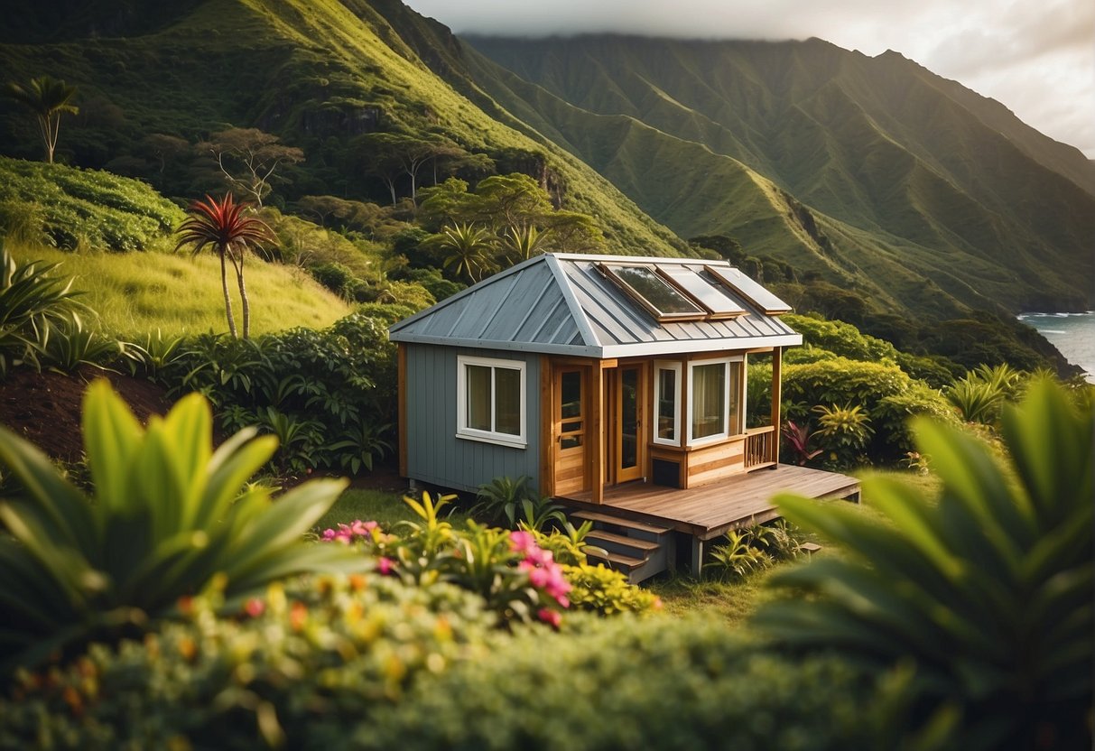 A tiny house surrounded by lush greenery with a backdrop of the ocean and mountains, indicating the natural beauty of Hawaii. A zoning map and legal documents are displayed, highlighting the considerations and costs of building in the area