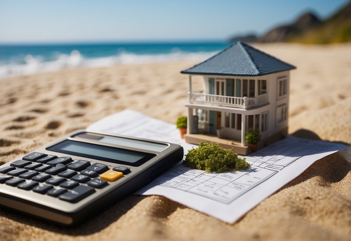 A sunny beach backdrop with a tiny house blueprint and a calculator showing cost calculations