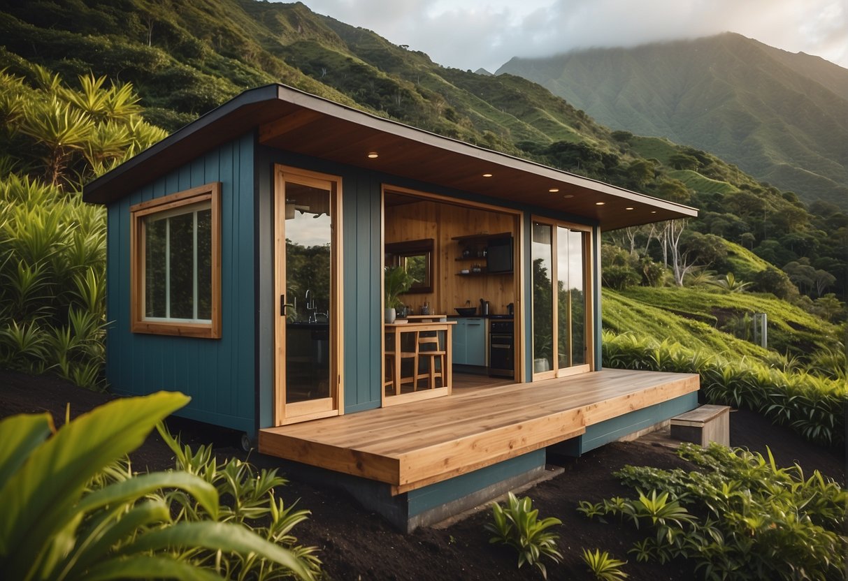 A tiny house nestled in lush Hawaiian landscape, with a panoramic ocean view and a sustainable design incorporating local materials