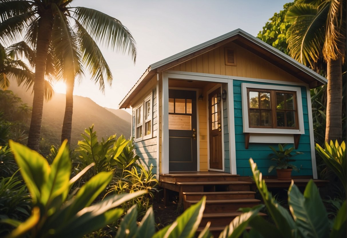 A tiny house sits on a lush Hawaiian landscape, surrounded by tropical plants and palm trees. The sun shines overhead, casting a warm glow on the colorful exterior of the house