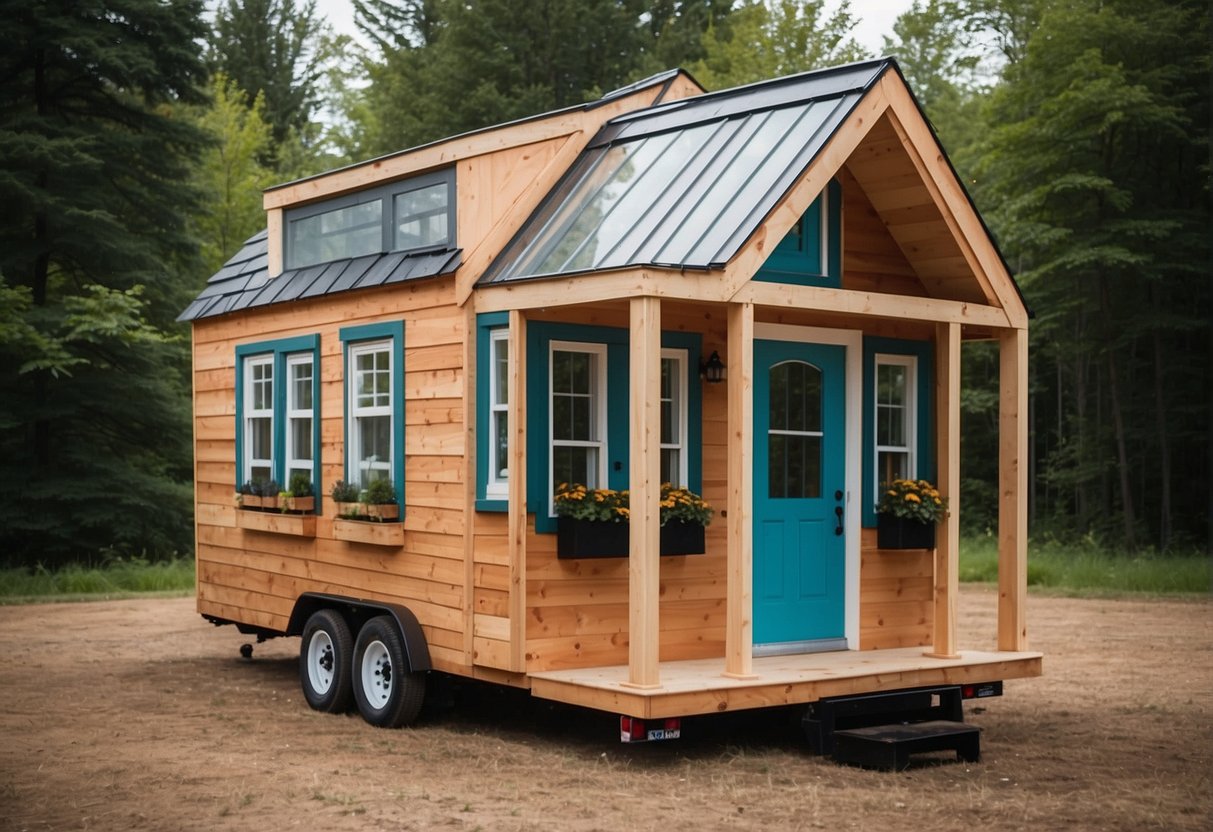 A tiny house being constructed by the Tiny House Nation team with tools, materials, and a blueprint on a scenic, rural property