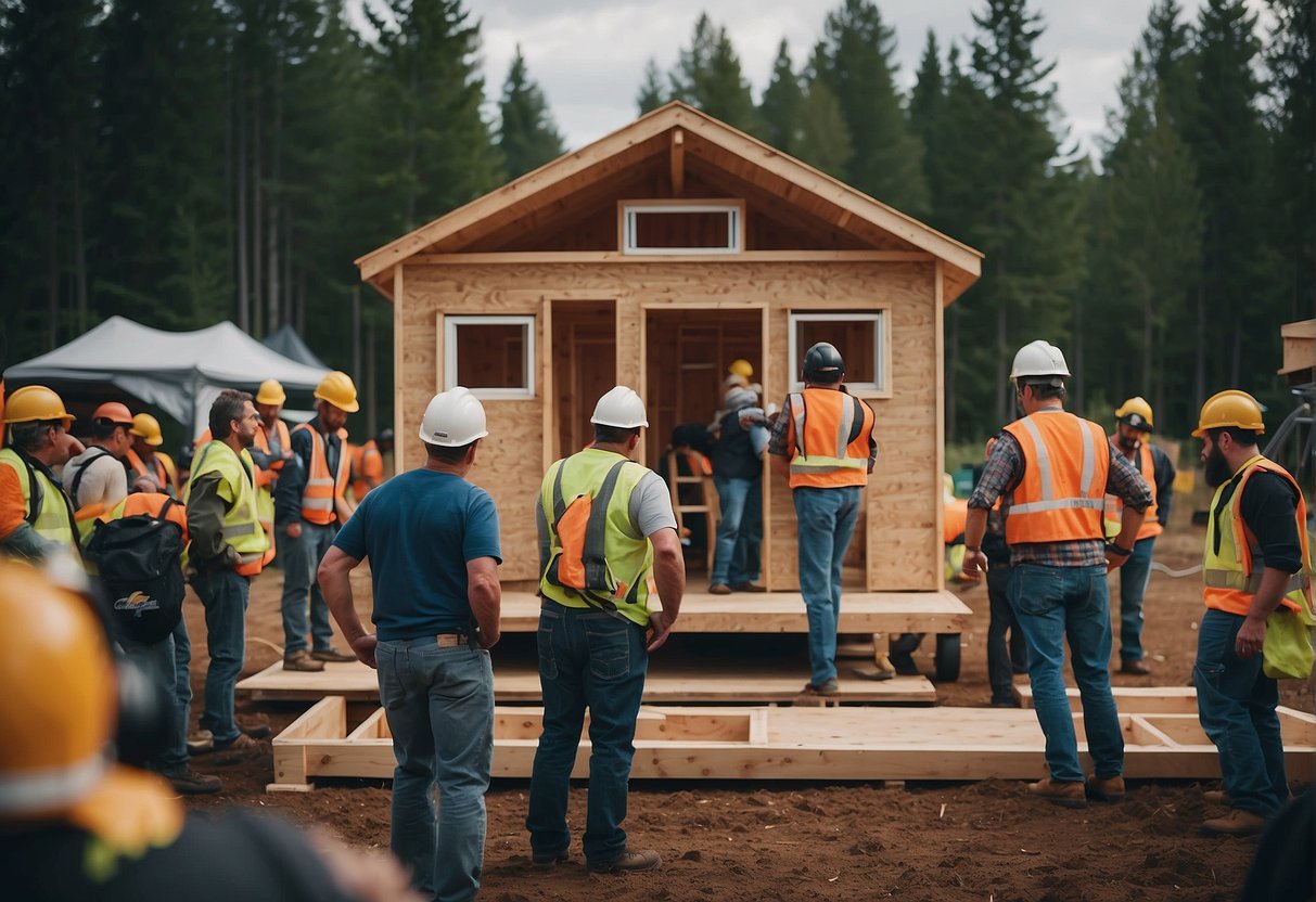 A team of builders constructs a tiny house, using efficient design and sustainable materials, as a crowd watches in awe