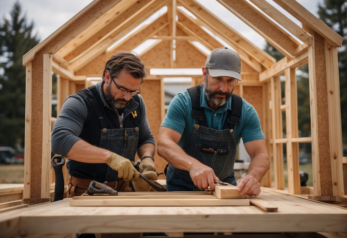 A team constructs a tiny house with precision and skill, using specialized tools and materials from Tiny House Nation