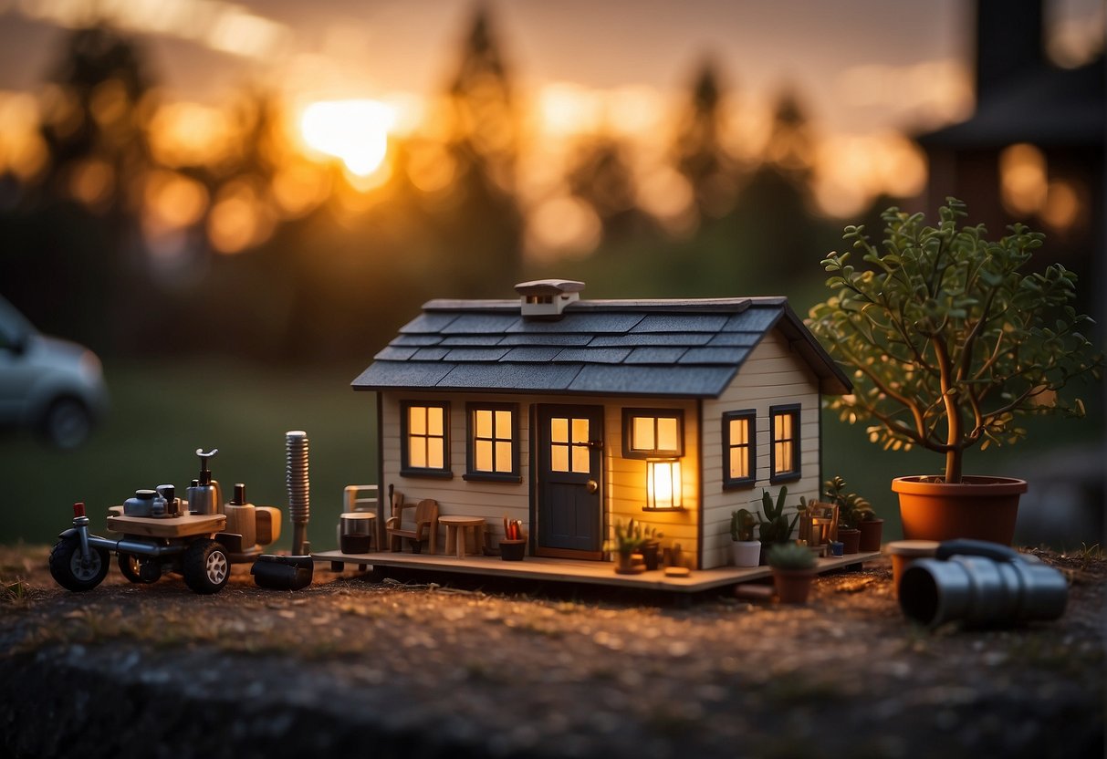 A tiny house stands completed, surrounded by tools and materials. The sun sets in the background, casting a warm glow over the scene