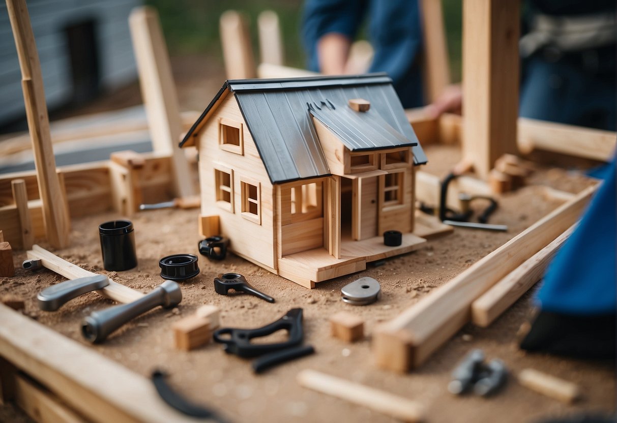 A tiny house being built by the Tiny House Nation crew, with tools and materials scattered around the construction site