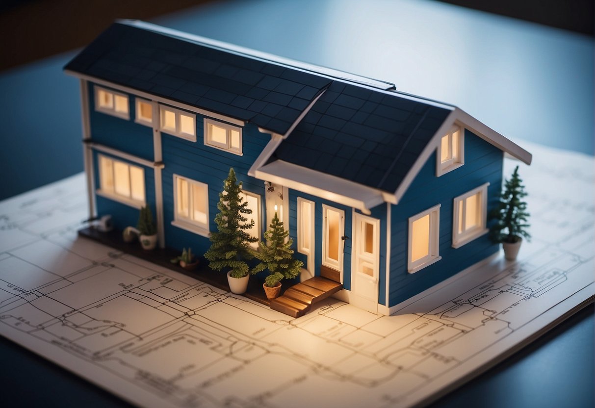 A blueprint of a tiny house with measurements and legal codes displayed