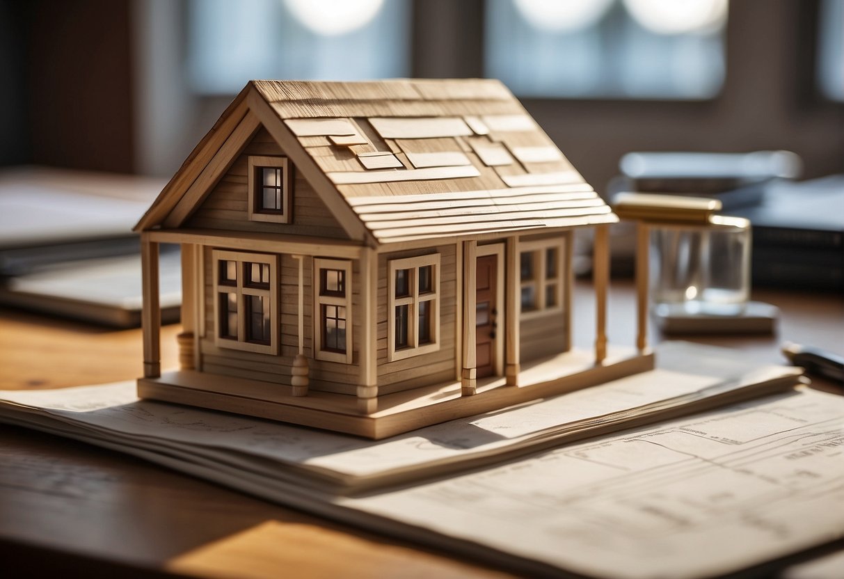 A tiny house blueprint on a desk, surrounded by zoning and building code books, with a ruler and pencil nearby for measurements