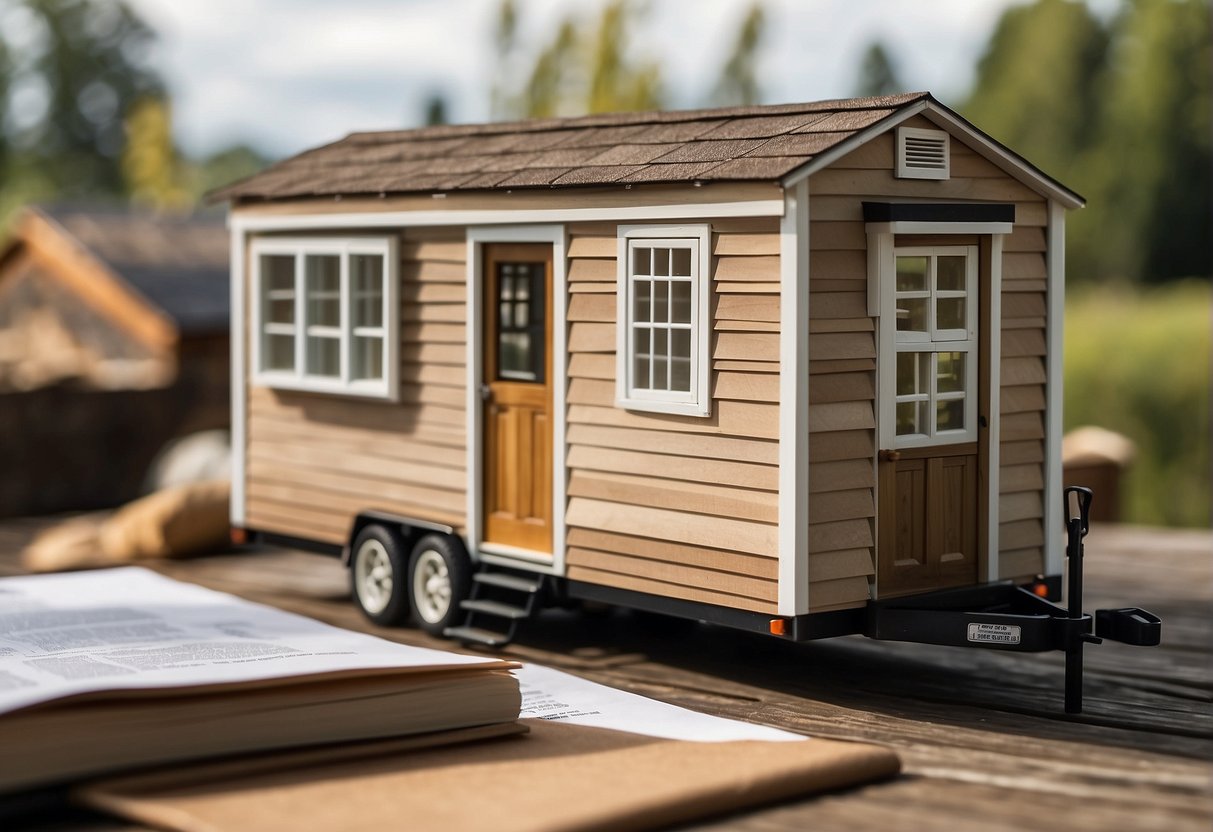 A tiny house on wheels parked in a rural setting, with legal documents and building permits displayed prominently on a table nearby