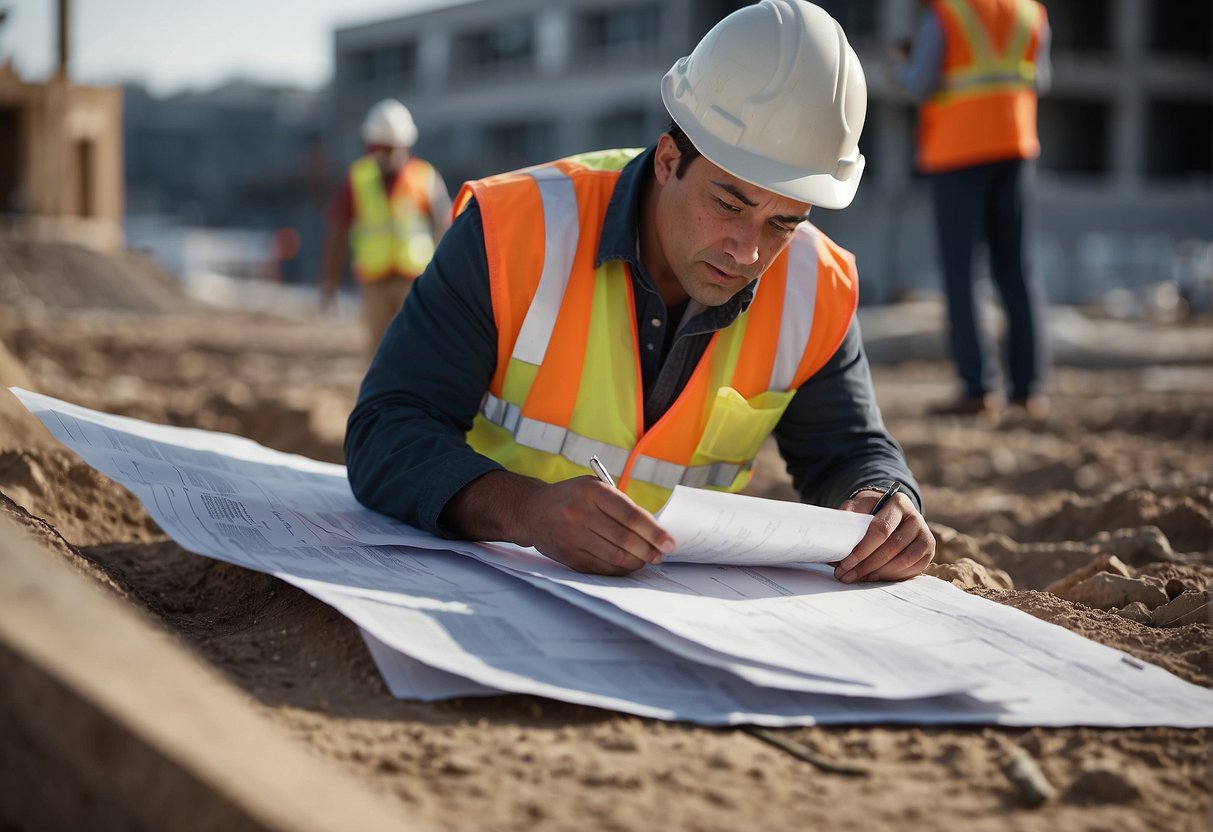 A person submits paperwork and talks to officials. They follow a map through a construction site