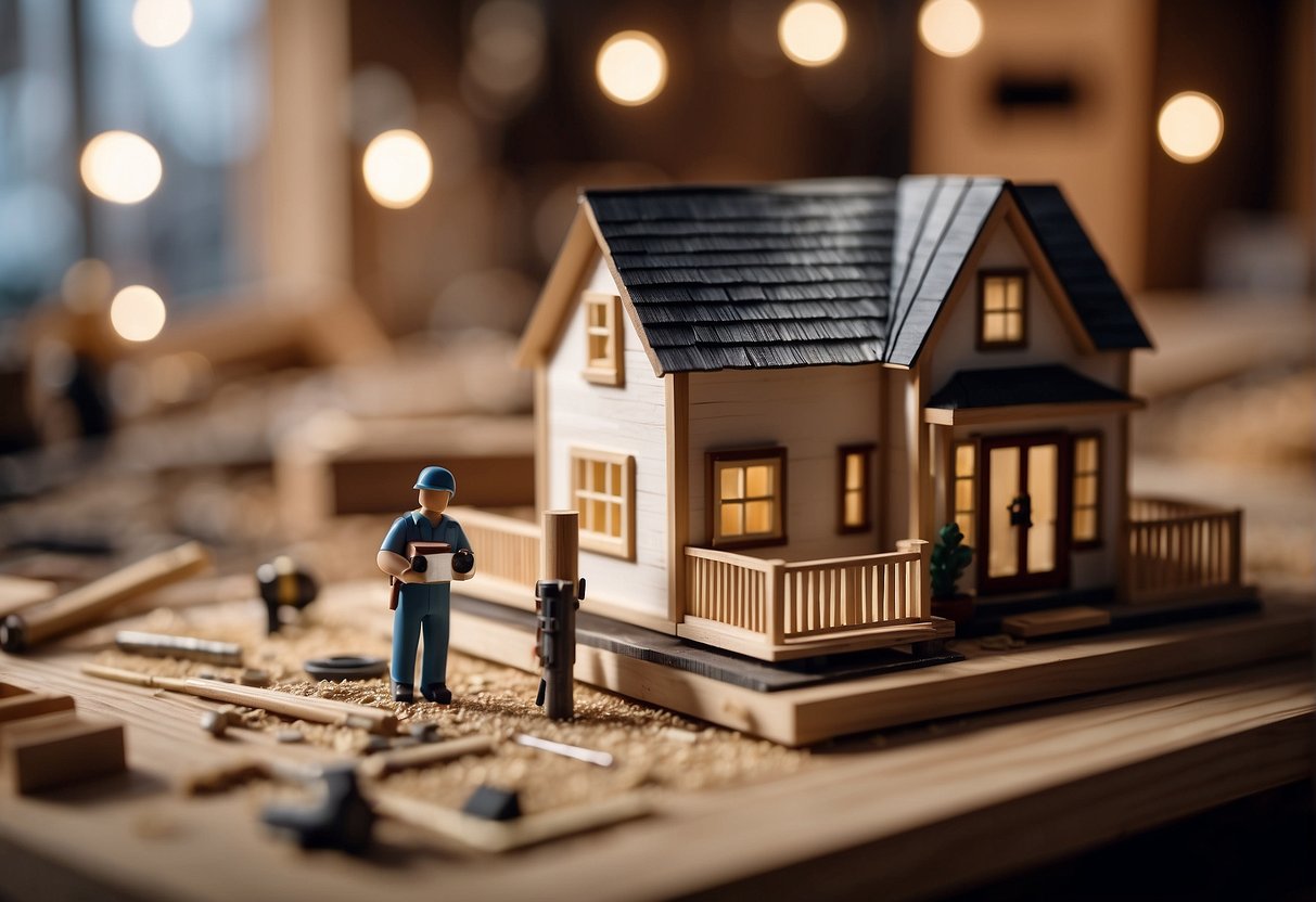 A tiny house being constructed with legal permits and regulations displayed in the background