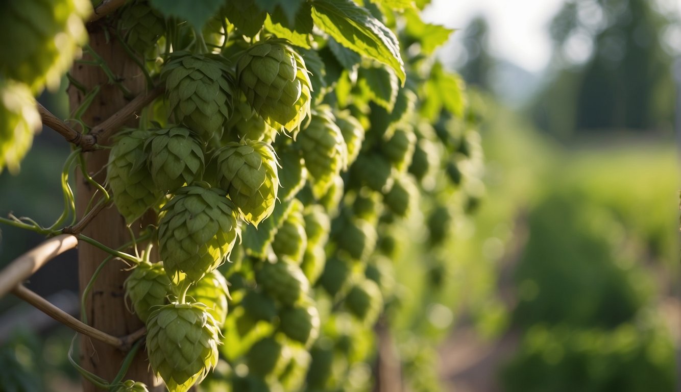 Vines of hops climbing up trellises, with healthy green leaves and small cone-shaped flowers. A gardener carefully tending to the plants, using organic fertilizer and ensuring proper irrigation