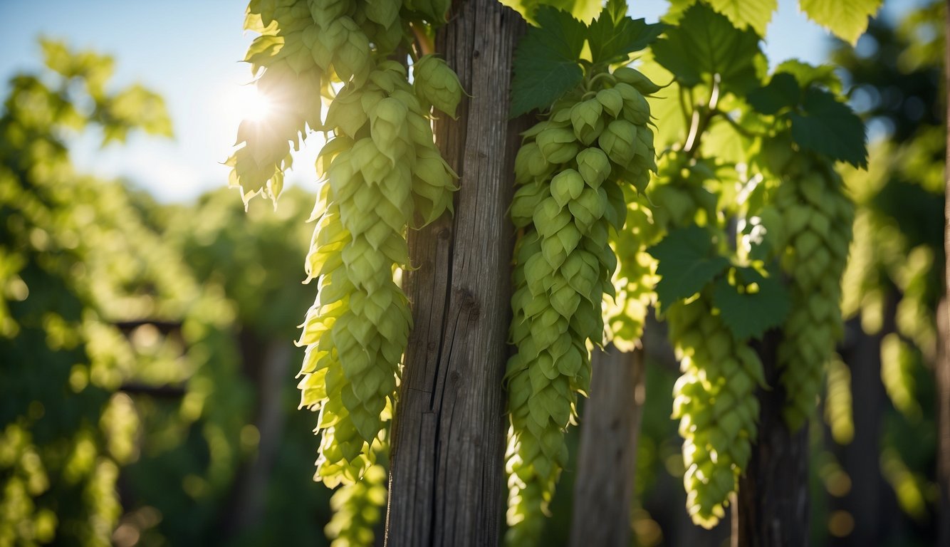 Lush green hops vines climb up a wooden trellis, their vibrant leaves and delicate cones basking in the sunlight, surrounded by fertile soil and clear blue skies