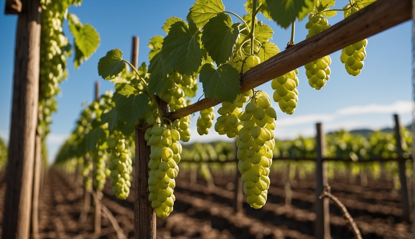 Lush green hop vines climb wooden trellises under a clear blue sky, surrounded by rows of neatly tended soil