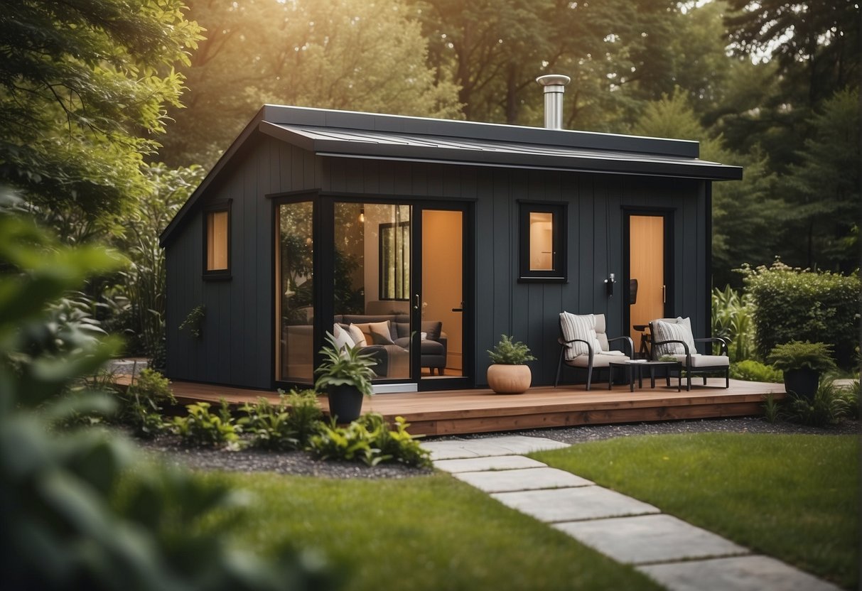 A cozy micro home sits on a lush green lot, surrounded by trees. A tiny house stands nearby, with a modern design and compact size