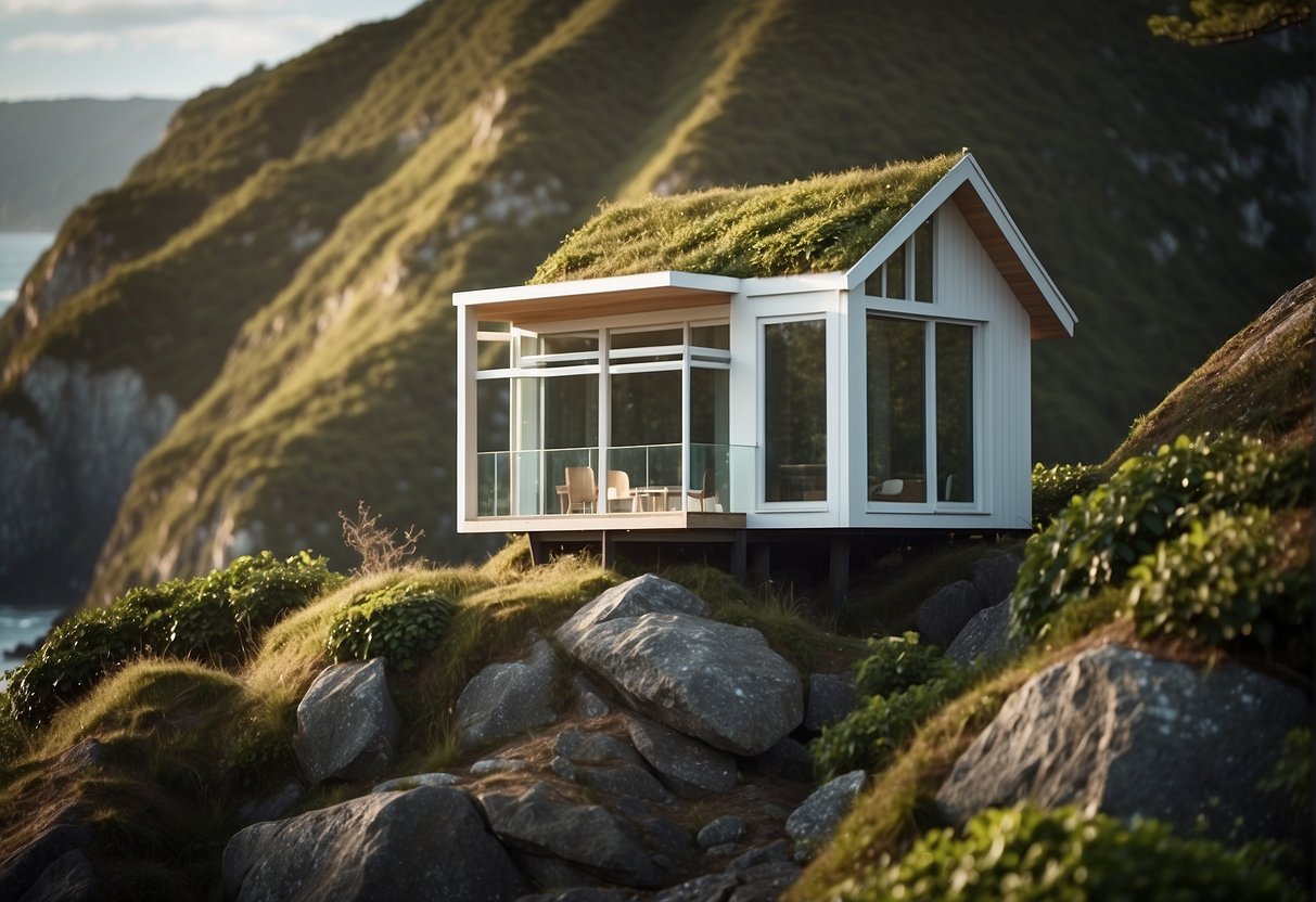 A micro home sits nestled in a lush green forest, while a tiny house is perched on a rocky cliff overlooking the ocean. Both dwellings showcase sustainable features and minimal environmental impact