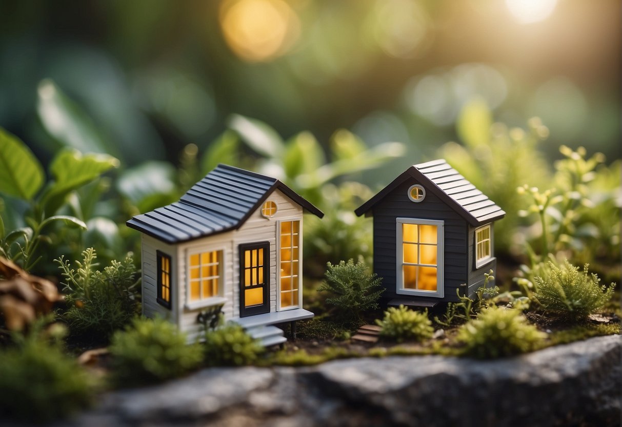 A small, modern micro home stands next to a traditional tiny house. Both are surrounded by lush greenery and have large windows