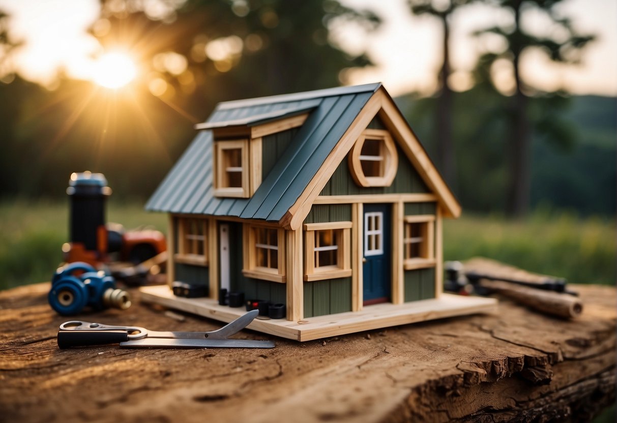 Tiny home builders construct in Alabama. Tools, lumber, and blueprints surround the site. The sun sets behind the rolling hills