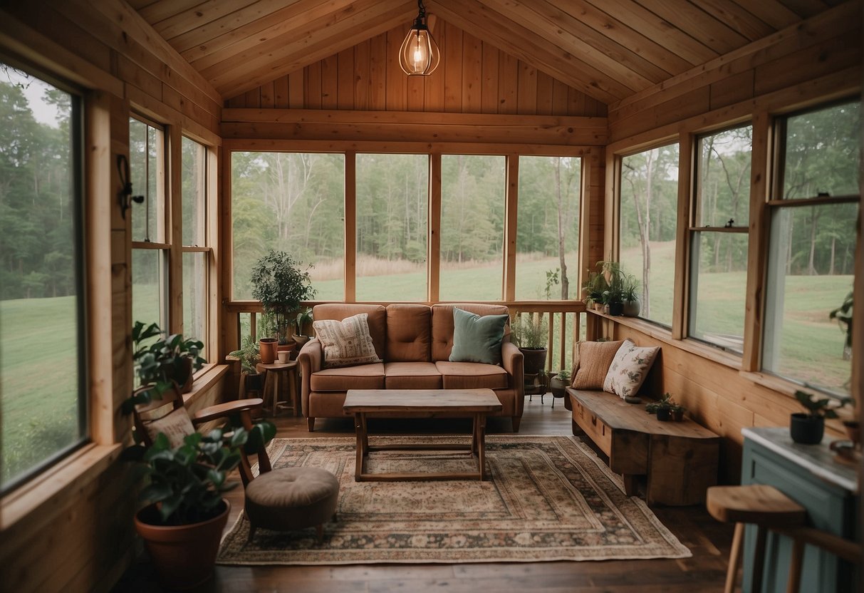 A tiny home nestled in the Alabama countryside, surrounded by lush greenery and rolling hills, with a cozy front porch and large windows letting in natural light