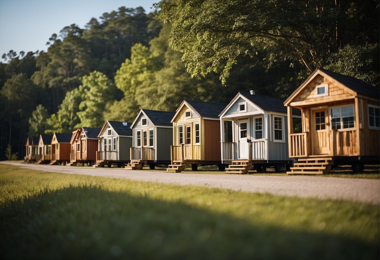 A row of tiny homes in Alabama, surrounded by lush greenery and under a clear blue sky