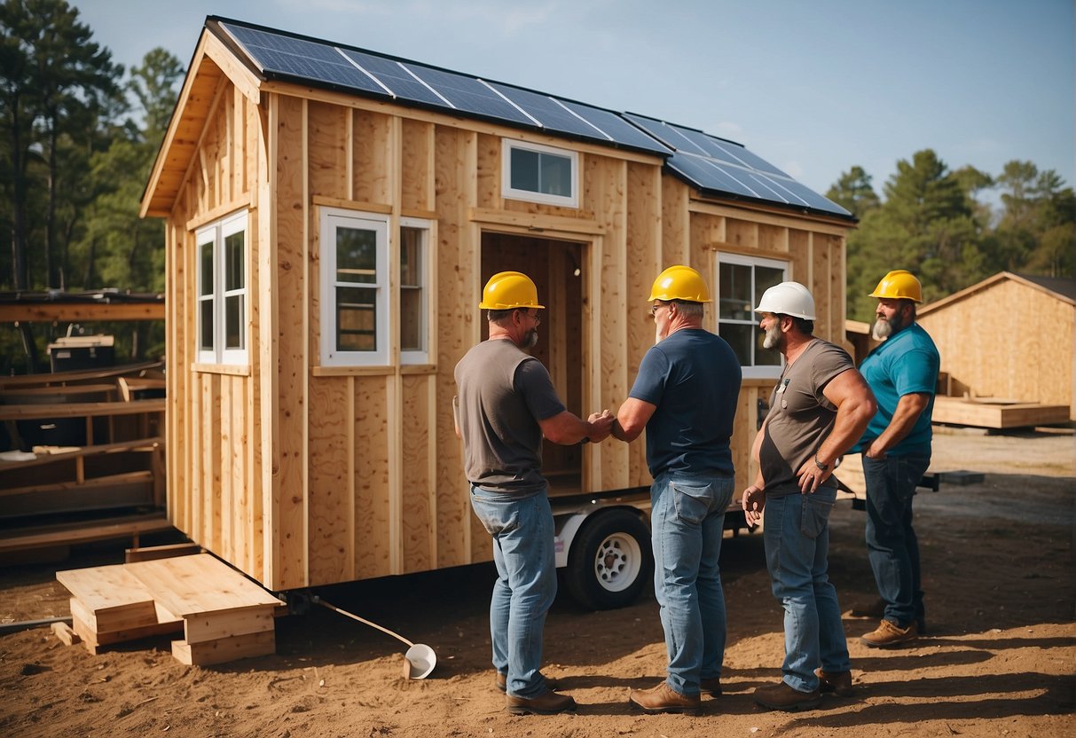 A group of builders in Alabama customizing a tiny home, adding features like solar panels and a spacious loft