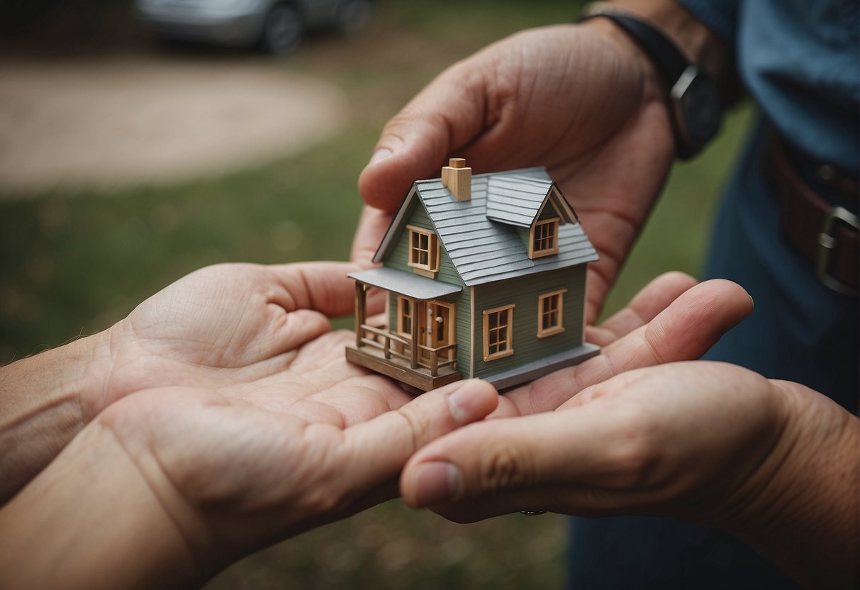 A customer hands over payment to a builder in Alabama. The builder hands over the keys to a newly completed tiny home