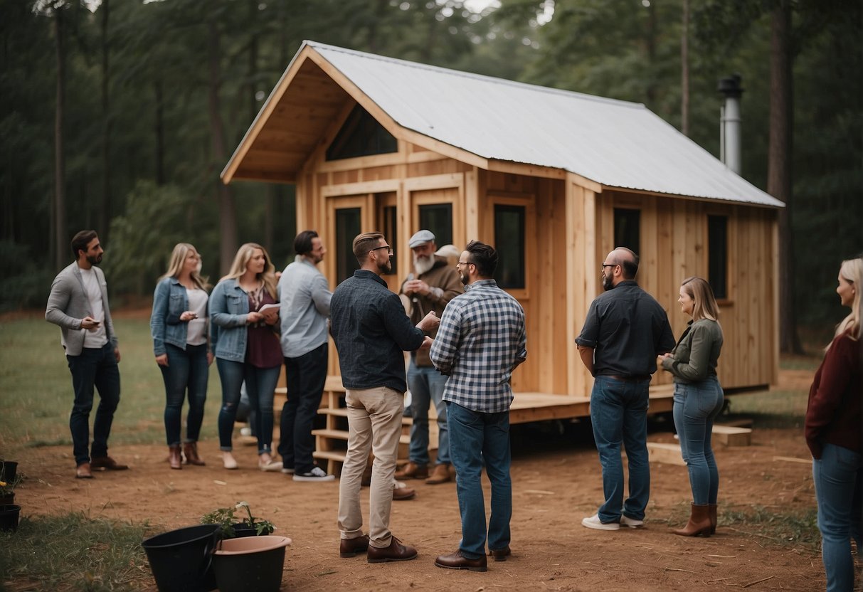 A group of people gathering around a tiny home builder in Alabama, asking questions and receiving information