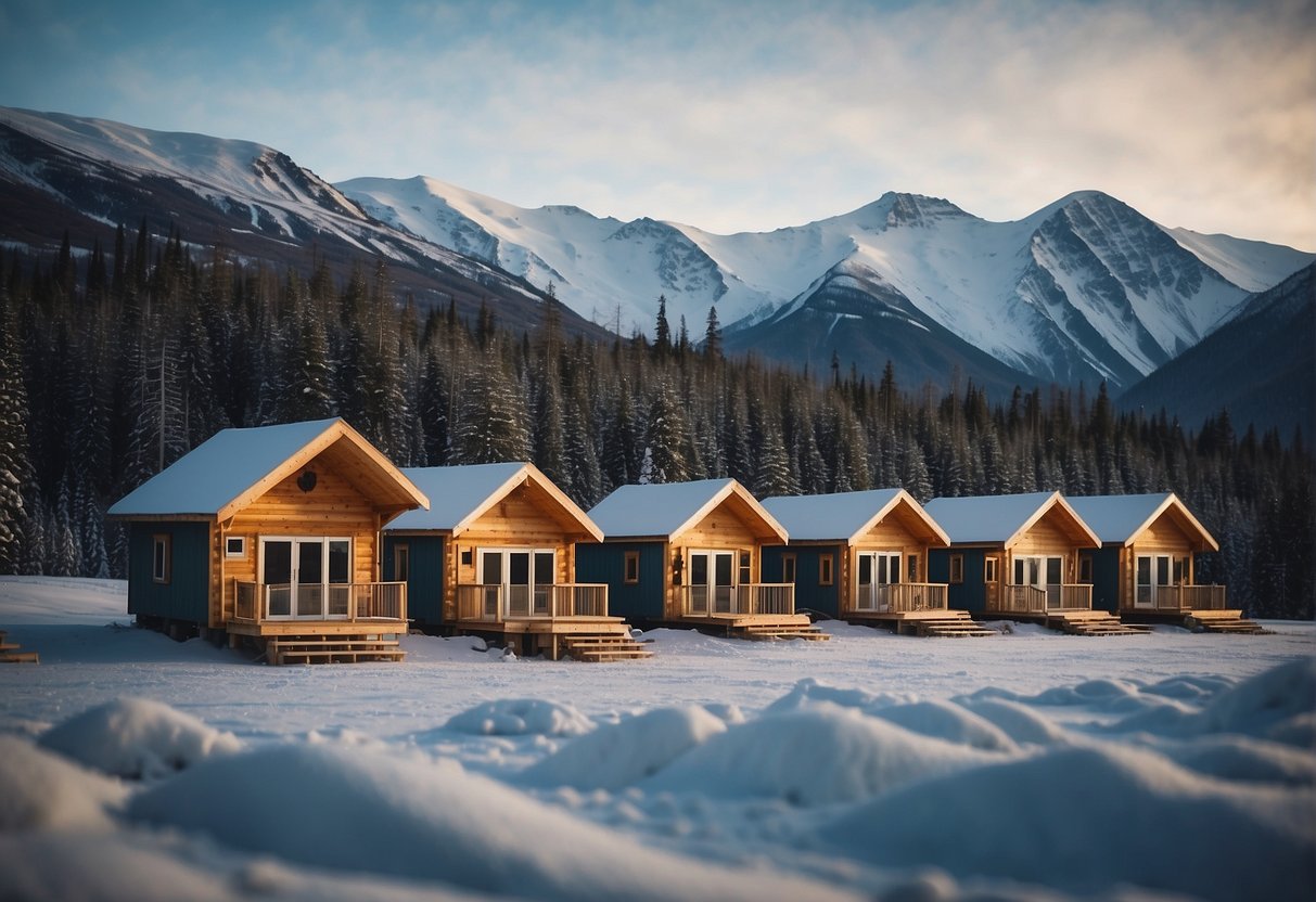 Tiny homes being constructed in snowy Alaskan landscape with mountains in the background