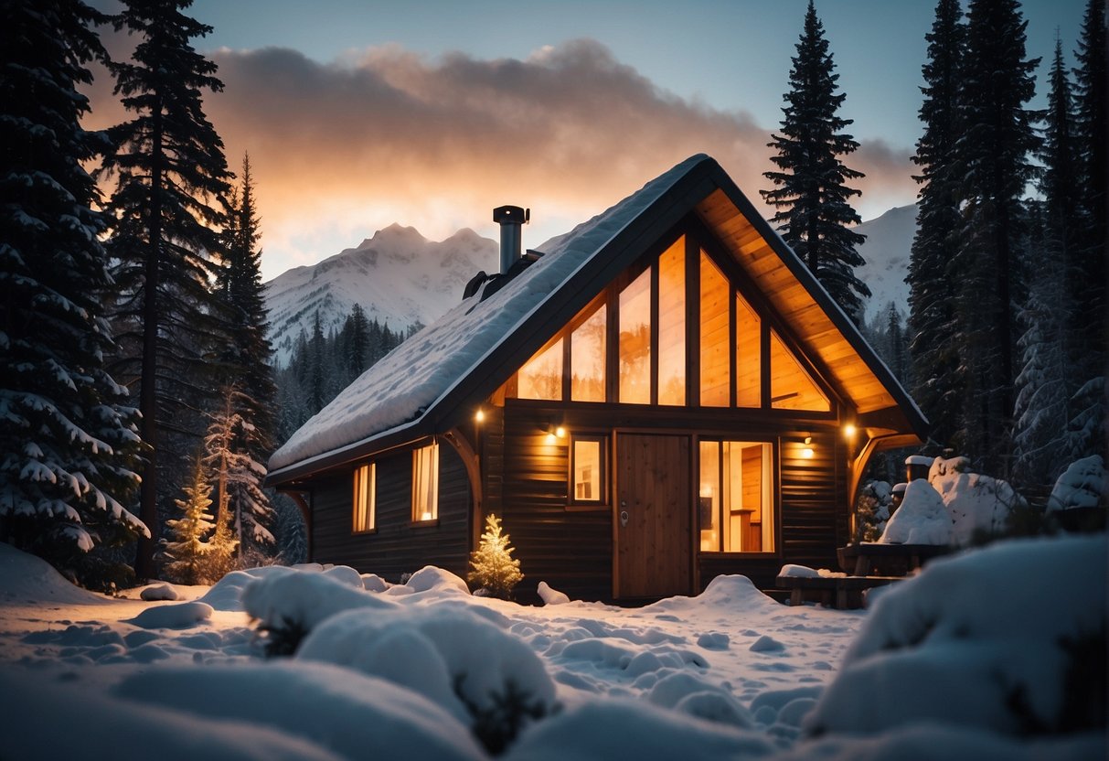 A tiny home sits nestled in the Alaskan wilderness, surrounded by snow-capped mountains and towering pine trees. Smoke rises from the chimney, and the warm glow of lights shines through the windows, creating a cozy and inviting atmosphere