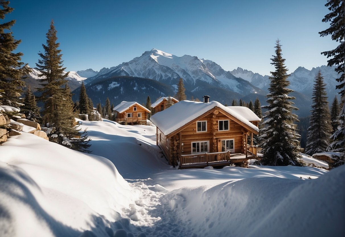 A snowy landscape with small, cozy cabins nestled among towering pine trees, with a backdrop of snow-capped mountains and a clear, blue sky