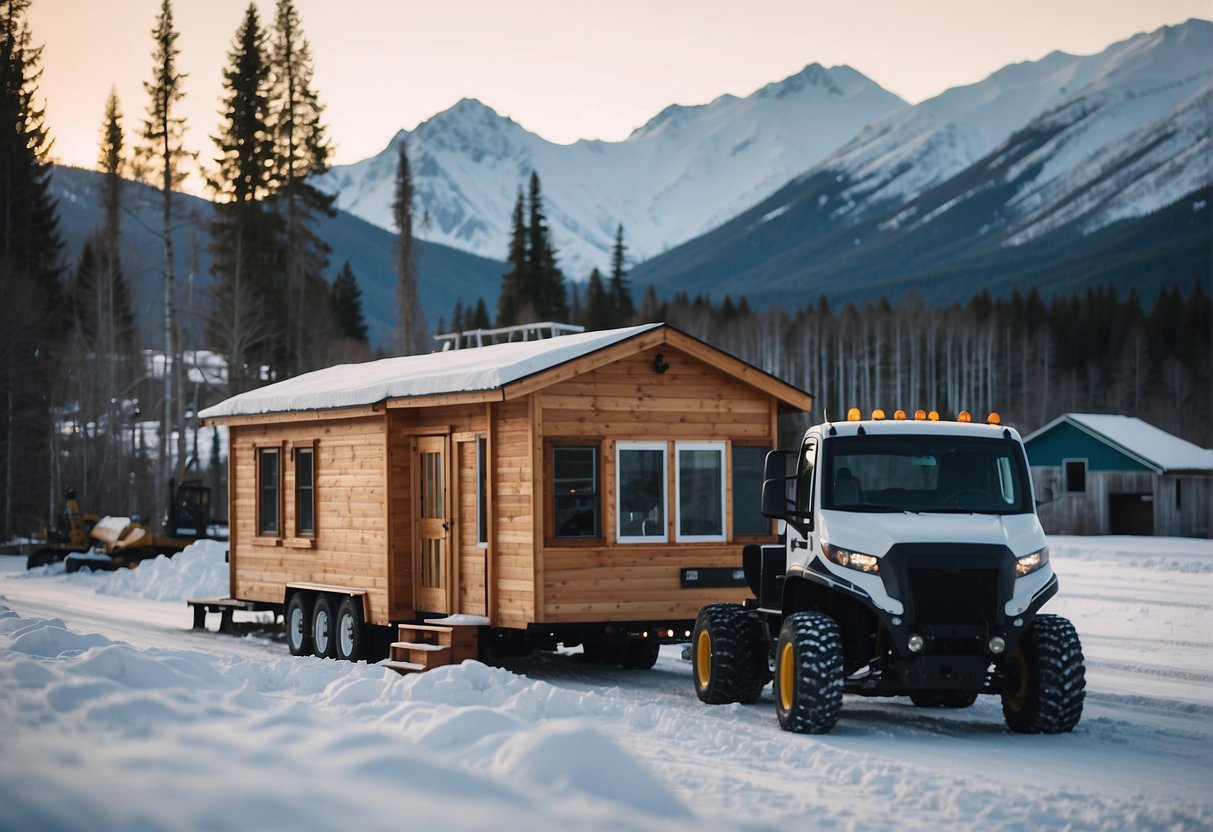 Tiny home builders construct in snowy Alaska, using heavy machinery and timber. Snow-covered mountains loom in the background