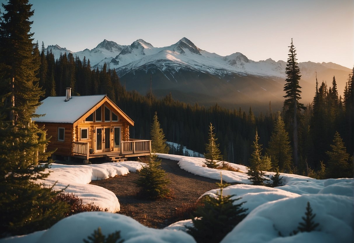 A cozy tiny home nestled in the Alaskan wilderness, surrounded by snow-capped mountains and tall evergreen trees. Smoke gently rises from the chimney, giving off a warm, inviting glow in the serene landscape