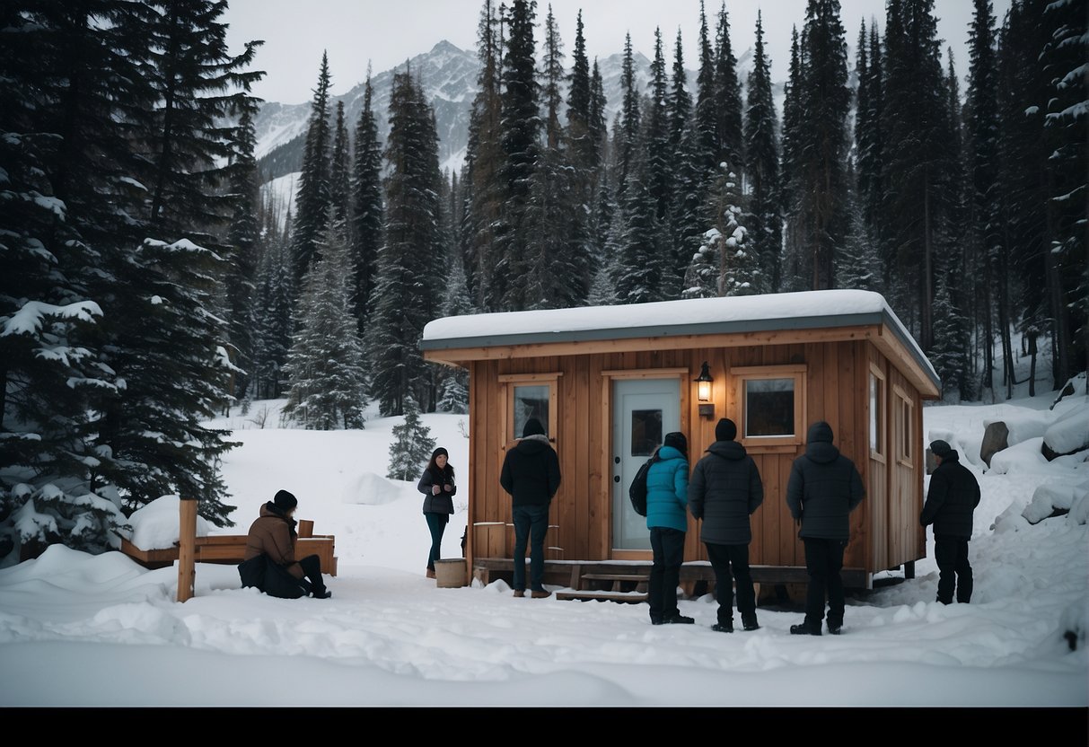 A group of people gathers around a tiny home in the Alaskan wilderness, asking questions to the builders. The snowy landscape and cozy cabin create a picturesque setting