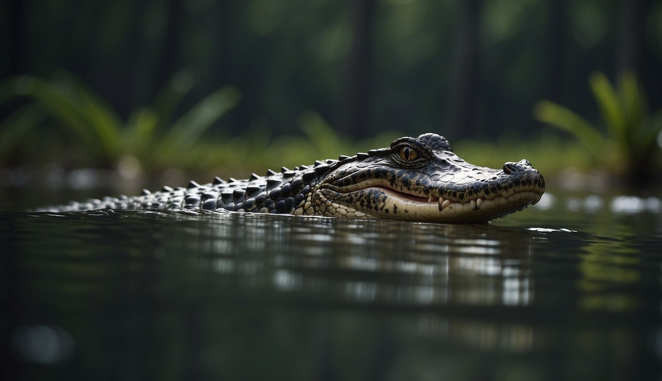 An alligator glides through murky water, its powerful jaws open wide.

The dense swamp foliage surrounds, creating an atmosphere of mystery and danger