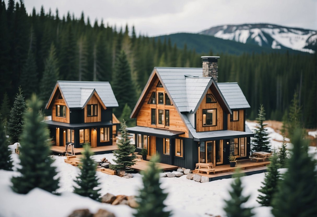 Tiny home builders constructing in Alberta, surrounded by snowy landscape and evergreen trees