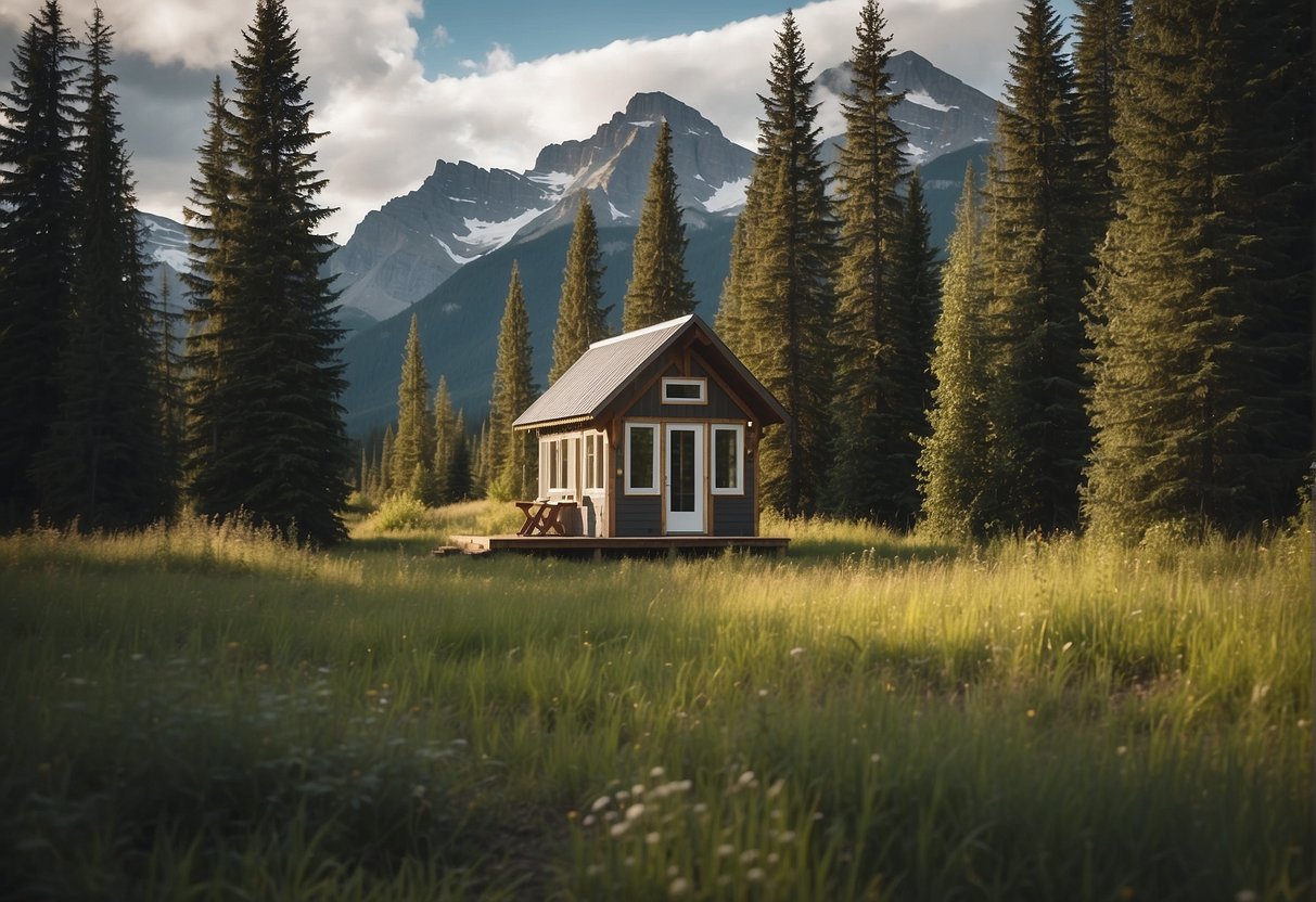 A tiny home nestled in the serene Alberta landscape, surrounded by lush greenery and towering mountains in the distance
